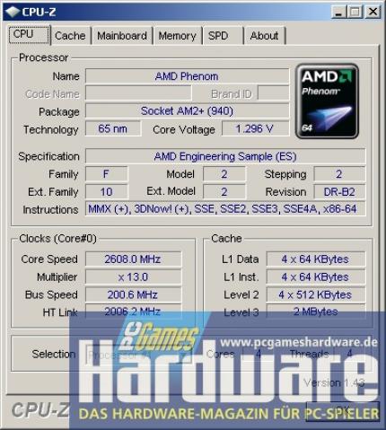 CPU-Z v1.43 erkennt: 2,6 GHz, B2-Stepping und 1,3 Volt. (Bild: PCGH)