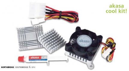 Akasa AK-VCX01: Das günstige Kit soll sowohl heiße North- und Southbridges als auch die GPUs der Radeon 9200 und Geforce 4 MX auf Temperatur halten (Bild: Tcmagazine.com)