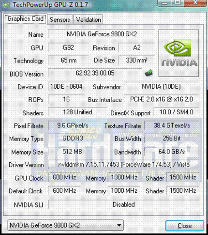 Geforce 9800 GX2 Review: GPU-Z liest in einer neuen Beta-Version alle Daten der 9800 GX2 korrekt aus. Diese Version ist allerdings noch nicht öffentlich erhältlich. (Bild: PCGH)