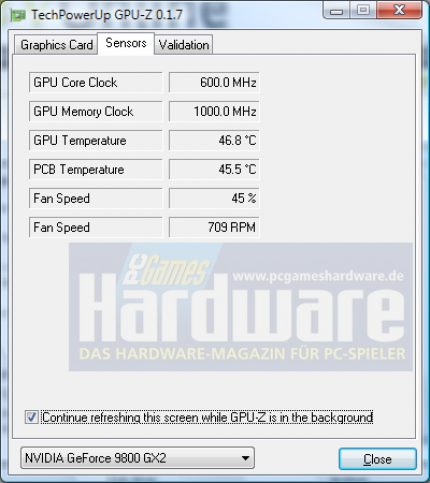 Geforce 9800 GX2 Review: GPU-Z liest in einer neuen Beta-Version alle Daten der 9800 GX2 korrekt aus. Diese Version ist allerdings noch nicht öffentlich erhältlich. (Bild: PCGH)