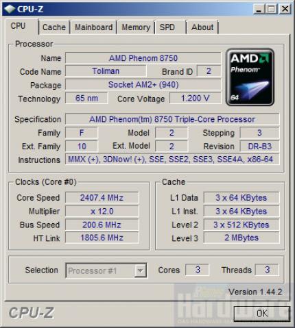 AMD Phenom X3 8750: drei Kerne à 2,4 GHz und 3x 512 KiByte Level-2-Cache (Bild: PCGH)