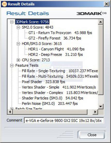 Evga e-Geforce 9800 GX2 SSC im Benchmark-Test: 3DMark06,1.920x1.200, 8x FSAA, 16:1 AF.