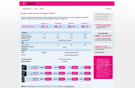 Die Preise für das Iphone 3G bei T-Mobile.