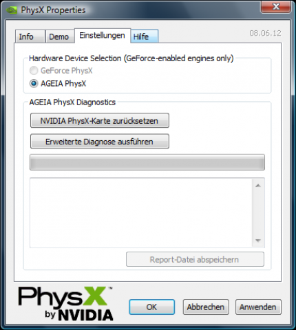 Nvidia PhysX-Systemsoftware auf einem Radeon-basierten System mit Ageia PhysX-PPU: Weiterhin läßt sich die PPU für Physikberechnungen nutzen, mangels Geforce-Karte ist die entsprechende Option ausgegraut