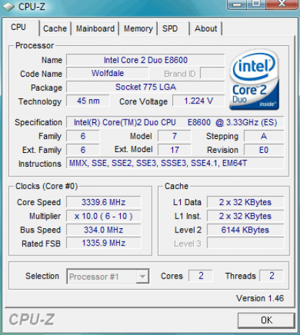 Intel C2D E8600: CPU-Z zeigt die Standard-Werte. (Bild: xbitlabs.com)