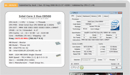 Neuer Weltrekord: duck holt 6.673,03 Megahertz aus dem E8500 (Bild: xtremesystems.org) 