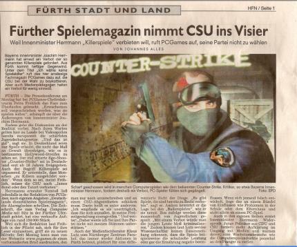 Die Fürther Nachrichten berichten in ihrer Samstagsausgabe auf Seite 1 über die Aktion von PC Games.