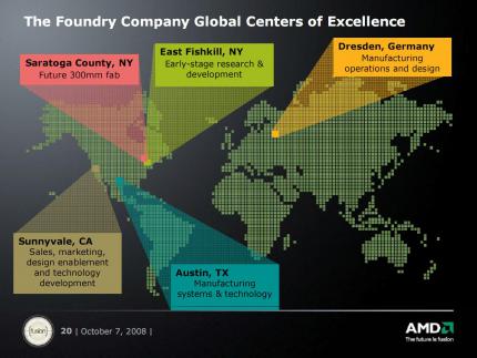 Die Standorte der Foundry Co. entsprechen den alten und geplanten Forschungs- und Fertigungsstandorten AMDs. Interessantes Detail: Statt einem Logo der neuen Firma ist das Symbol für AMDs 'Fusion' Projekt zu sehen. (Bild: Foundry Co.)
