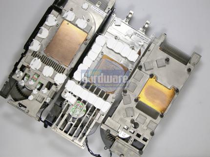 Geforce GTX 285: Kühler im Vergleich mit den Modellen der GTX 280 (oben links) und 8800 GTS 512 (unten links)