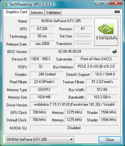 Testmuster: Geforce GTX 285 Exo von Point of View - GPU-z liest die Taktraten leider nicht so genau aus wie der Rivatuner, daher die Abweichung.