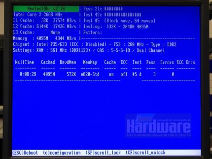 OCZ OCZ2P10664GK: Im OC-Test waren 560 MHz (DDR2-1120) bei 2,2 Volt stabil (Memtest 86+)