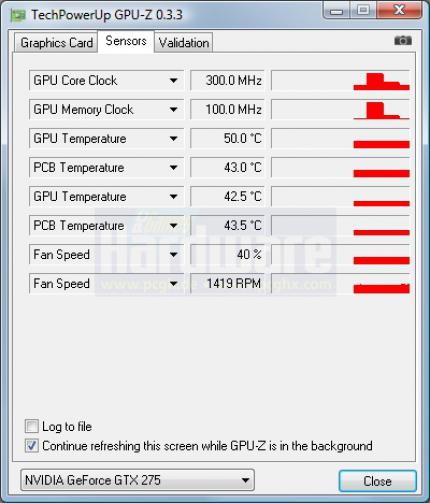 Geforce GTX 275: Die Karte taktet im Leerlauf ordnungsgemäß herunter.