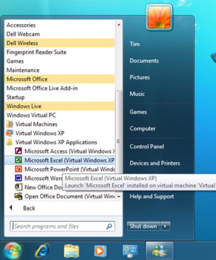 Eine der wenigen Möglichkeiten, virtualisierte Windows XP von nativen Windows 7 Programmen zu unterscheiden: Automatisch sortierte Einträge im Startmenü.