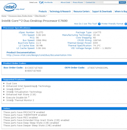Intel Processorfinder: Core 2 Duo E7600