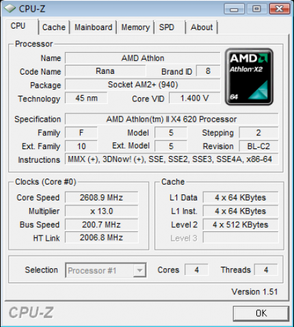 CPU-Z: Athlon II X4 620