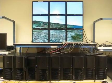 Bilder aus der Videodemonstration: Verschiedene PC-Systeme stellen per LAN, syncronisiert durch ein FirePro S400 Syncronisationsmodul, einen Flugsimulator auf neun Monitoren dar. (2)