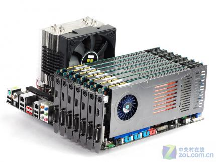 Gleich sieben Galaxy Geforce GTX 260 mit Single-Slot-Kühlung verbaut vga.zol.com.cn auf einem Asus P6T7 WS SuperComputer Mainboard. (10)