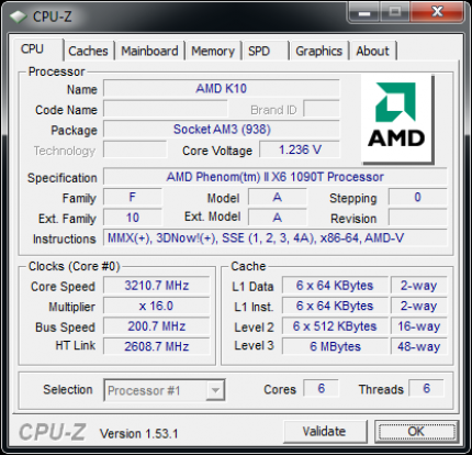 AMD Phenom II X6 1090T: CPU-Z