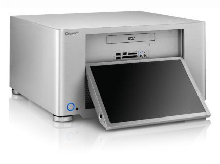 OriginAE S21T: Ca. 840,- Euro, Voll-Alu-Gehäuse mit motorisiertem 12,1-Zoll-Touchscreen, Fernbedienung, Mainboard-Schlitten und Platz für bis zu 10 Festplatten.