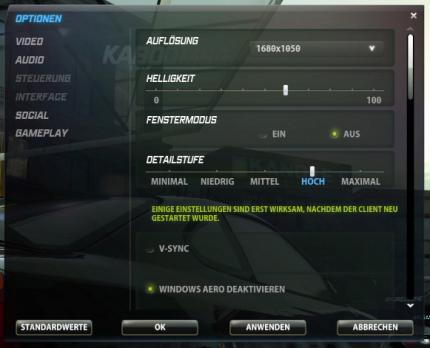 Need for Speed World: das Grafikmenü