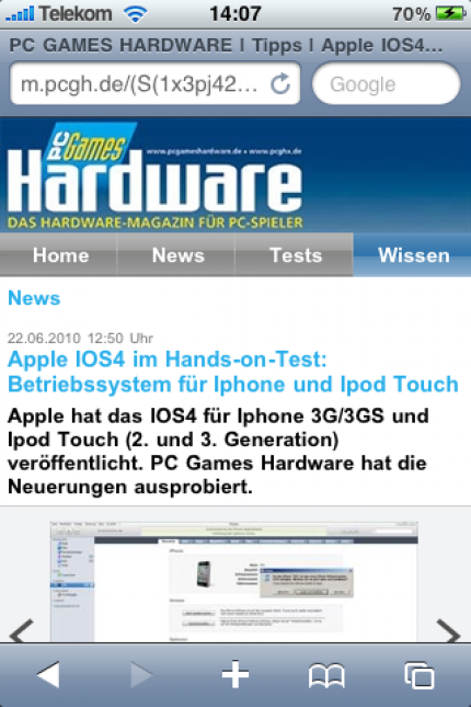 Die Artikelansicht auf m.pcgh.de auf dem Iphone