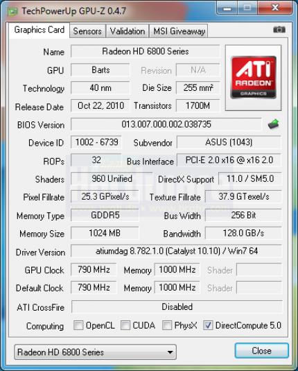 Asus EAH6850 Direct Cu: Asus' BIOS ist korrekt eingestellt, die minimale Übertaktung des Chips ist gewollt.