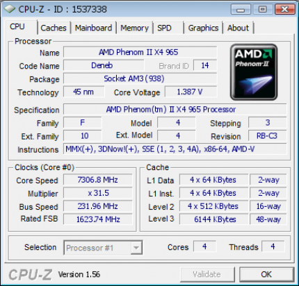 CPU-Z zeigt: 7.306,8 MHz (231,96 MHz x 31,5)