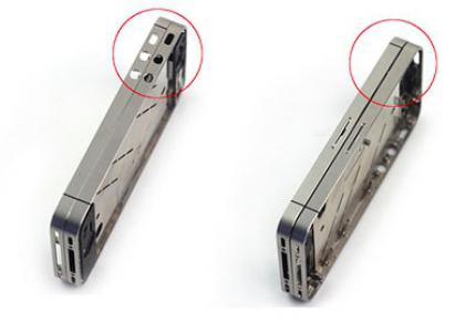Das rechte Rahmenelement gehört jeweils zum iPhone 4 - hier fallen sofort die geänderten Antennen-Unterbrechungen auf.