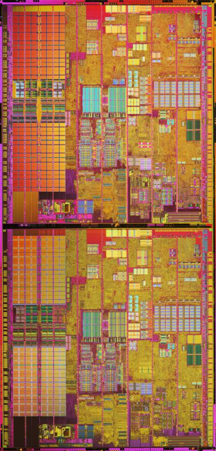 Der Pentium D 840EE mit Hyperthreading kann erstmals vier Threads zeitgleich annehmen. In Erinnerung bleibt jedoch vor allem die sehr hohe Verlustleistung. Interessenten findet nur der Pentium D 805 , da er billiger als alle anderen Dual-Core ist und sich bei guter Kühlung Netburst-typisch gut übertakten lässt. Im Gegensatz zu vielen fehlerhaften Berichten handelt es sich bei Smithfield nicht um eine zusammengesetzte CPU, sondern um ein monolithisches Design. Die beiden Kerne sind jedoch funktionell voneinander getrennt und kommunizieren nur über den FSB.