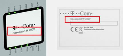 Prüfen Sie nach, ob Sie einen Speedport W 700V besitzen. Diesen erkennen Sie einfach an der Aufschrift auf der Gerätevorderseite oder am Typenschild auf der Rückseite: