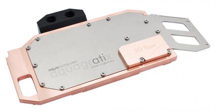 Der Aquagratix für HD 7950 ist bereits der zweite Aquacomputer-Kühler für AMDs zweitschnellste Karte. Wie beim Aquagratix für HD 7970 und HD 7950 ist auch hier ein Aufsatz nötig, um Wasser zu den Spannungswandlern zu leiten.