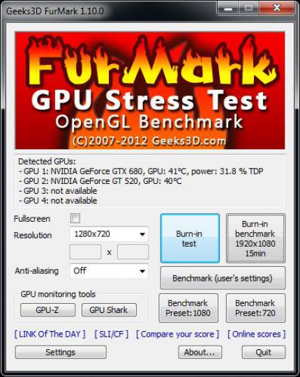 Menü-Ansicht des FurMark in Version 1.10.0