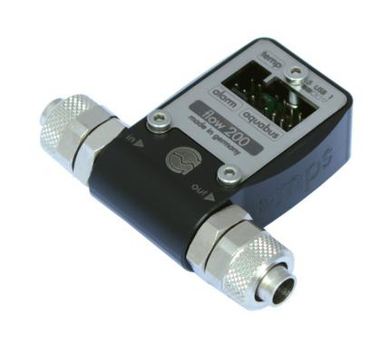Aquacomputer Flow 200, ein Mitglied der mps-Durchflusssensorenfamilie.