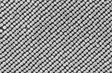 Das Bild zeigt die magnetischen 'inseln', welche die HGST-Labore mit Hilfe von Nanotechnik und Selbstaufbauenden Molekülen erreicht hat. Die Dichte beträgt 1,2 Billionen Punkte pro Quadratzoll (~= 645 mm²)