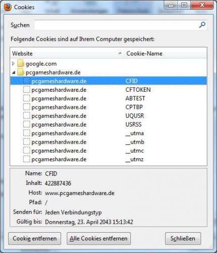 Firefox: Einstellungen > Datenschutz > einzelne Cookies löschen
