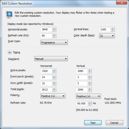 Setting für die Auflösung 3.840 x 2.160 im Geforce-Treiber