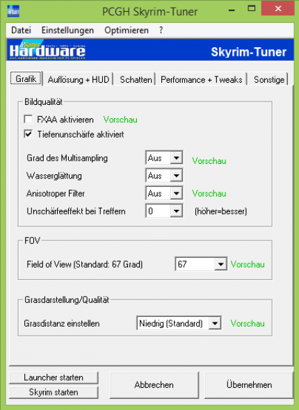 PCGH-Skyrim-Tuner: Reiter für die Grafikverbesserungen