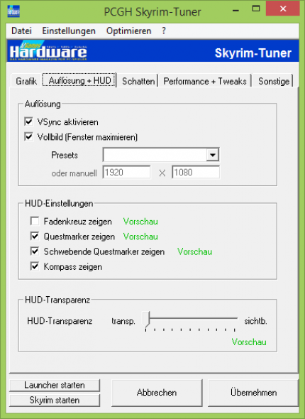 PCGH-Skyrim-Tuner: Reiter für die Auflösung und HUD