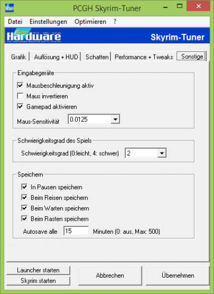 PCGH-Skyrim-Tuner: Reiter für sonstige Einstellungen
