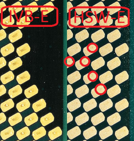 Sockelspuren: Bei IVB-E nach einem Jahr bereits deutlich zu sehen, bei HSW-E nach knapp zwei Wochen Nutzung eher zu erahnen. Vergleichen Sie unsere Hervorhebungen mit den Pads direkt rechts davon, die in einem Standard-Sockel-2011-v3 keinen Kontakt zu den Sockelfederchen haben.