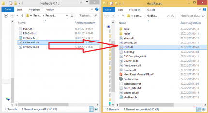 Kopieren Sie für die Installation die betreffende Reshade-DLL-Datei in den Spieleordner und nennen Sie sie entsprechend der genutzen API um (Hier: Direct X 9)