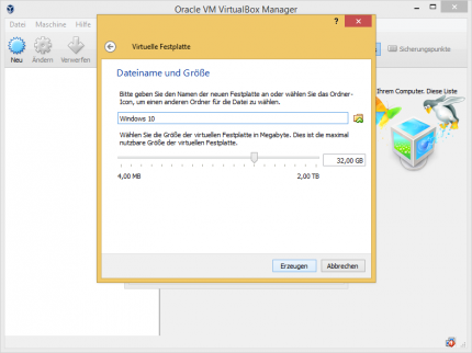 Virtualbox Schritt 5: Geben Sie die gewünschte Kapazität der VHD an.