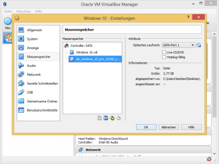 Virtualbox Schritt 6: Unter 'Ändern' binden Sie das ISO als optisches Medium ein.