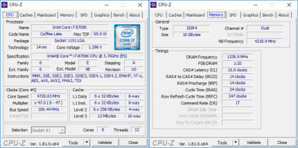 CPU-z: Intel Core i7 8700K mit dem ultra-kurzzeitigen Maximal-Turbo von 4,7 GHz