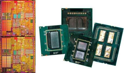 Parallelität einfach gedacht: Intel kopierte für Smithfield (links) zwei Prescotts nebeneinander auf ein 90-nm-Silizium (Detail links außen), für Presler (vorn) nutzte man direkt zwei 65-nm-Cedar-Mill-Chips. Kentsfield (hinten) wiederholte das Verfahren mit zwei Conroe, was AMD als „unechte Quadcore“ beschimpfte. Heute verunglimpft Intel die AMD-Multi-Chip-Designs Epyc und Threadripper (rechts) als „zusammengeklebt“.