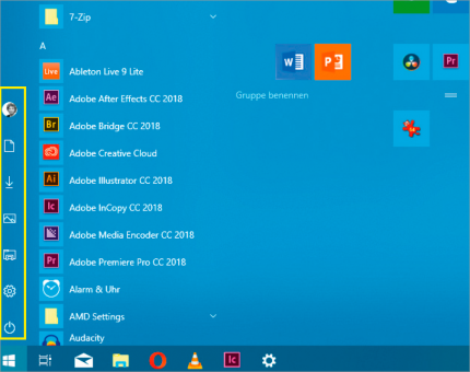 Das Startmenü hat nicht nur Effekte aus dem Fluent Design spendiert bekommen, sondern auch neue Verknüpfungen zu den Standard-Ordnern unter Windows.