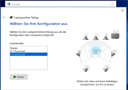 Es gibt Ausnahmen, darunter Geräte mit virtuellem Surround, doch im Grunde sollten Sie unter Windows Audio jene Konfiguration wählen, die Ihren Boxen entspricht.