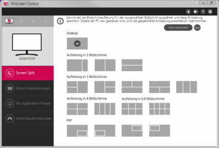 OnScreen Control: Screen-Split Einstellungen