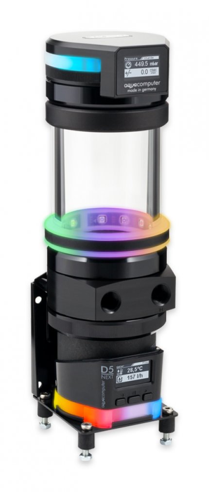 Das Leakshield-Grunddesign sieht den Einsatz auf einem Ultitube-Ausgleichsbehälter vor. Die Version mit D5 Next als Pumpe bringt gleich noch ein zweites OLED-Display und Aquacomputer reichlich Umsatz.
