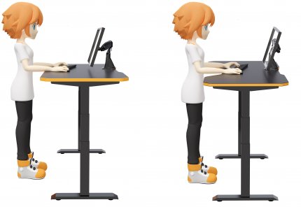 Die ideale Haltung beim Arbeiten und Spielen im Stehen (Leetdesk mit Classic-Tischplatte (links) und Pro-Tischplatte (rechts)